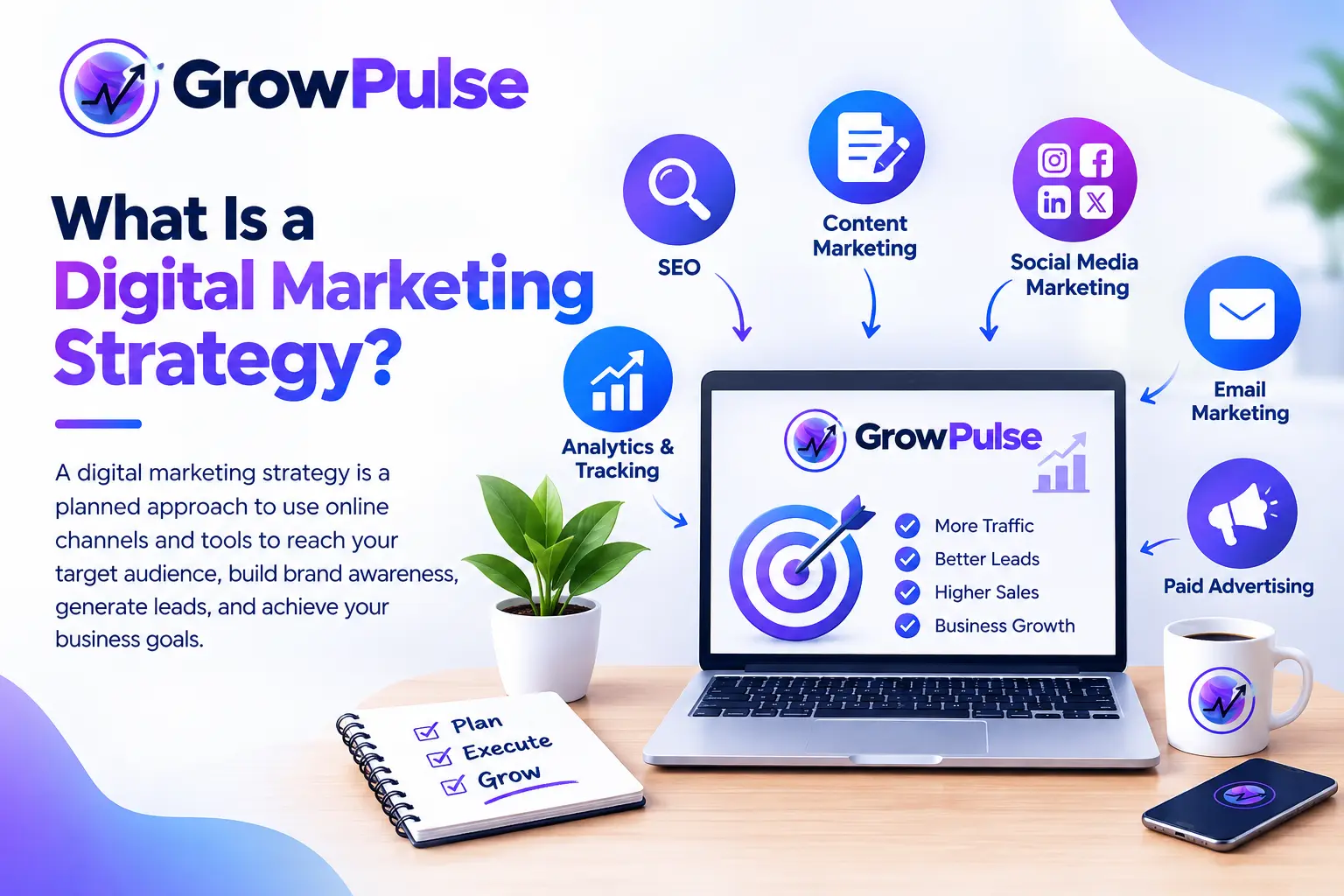 Digital marketing strategy explained with SEO, content marketing, social media, email marketing and analytics