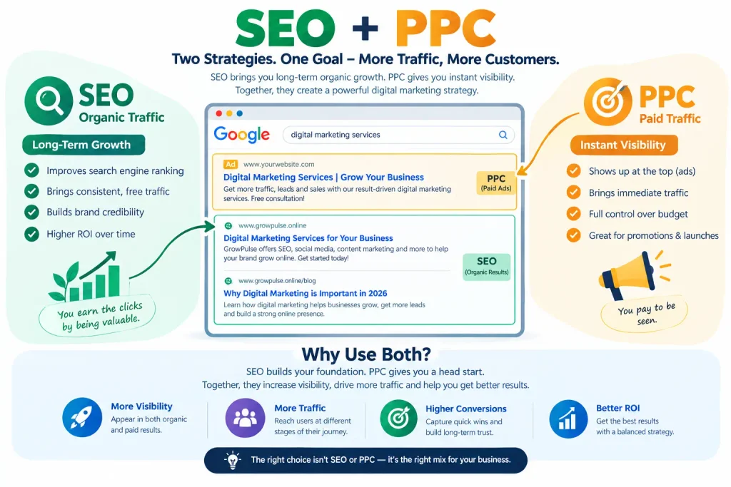 SEO and PPC example showing how organic and paid search work together to increase website traffic, visibility, conversions, and ROI