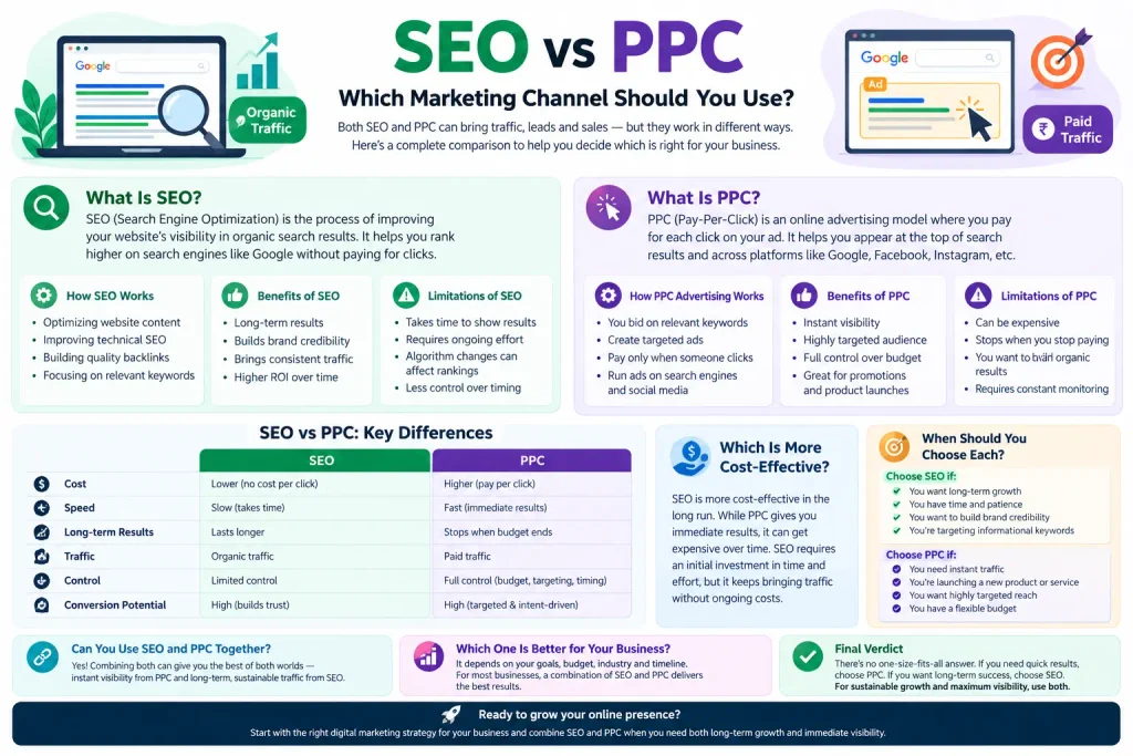 SEO vs PPC comparison showing key differences, benefits, costs, speed, and when to choose each marketing channel