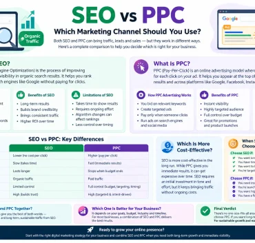 SEO vs PPC comparison showing key differences, benefits, costs, speed, and when to choose each marketing channel