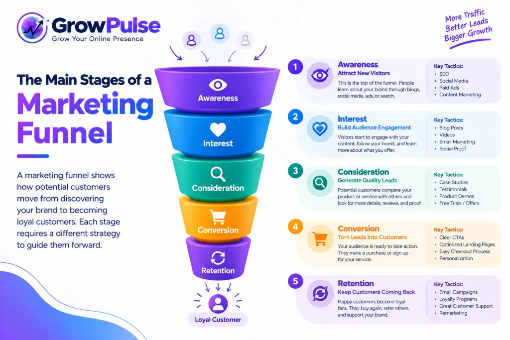 Main stages of a marketing funnel from awareness to retention
